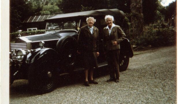 <p>Letitia and Naomi Overend with Letitia's Rolls Royce. Picture: Courtesy of the Airfield, Dundrum and the OPW-Maynooth University Archive and Research Centre</p>