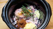 Slow cooker or crockpot meal ready for cooking