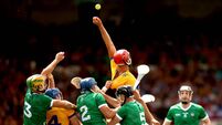 Peter Duggan competes for a high ball with Dan Morrissey, Mike Casey and Diarmaid Byrnes 11/6/2023