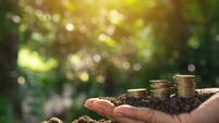 close-up hand of person holding coin with soil in hand on soft nature background