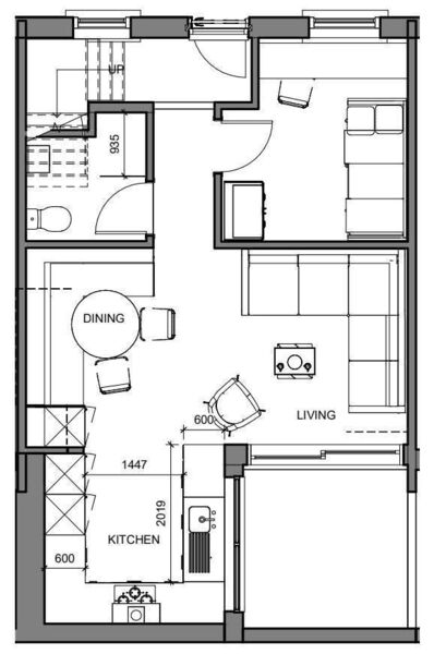 One floorplan layout option interior designer Caroline Maguire drew for the ground floor of Jennifer's artisan cottage. 