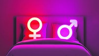 Gender symbol with bed double motel love female male valentine hotel room dim light neon bright romantic night sleep couple sexu