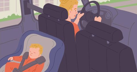 Car with baby in safety seat and driving mother, flat vector illustration.