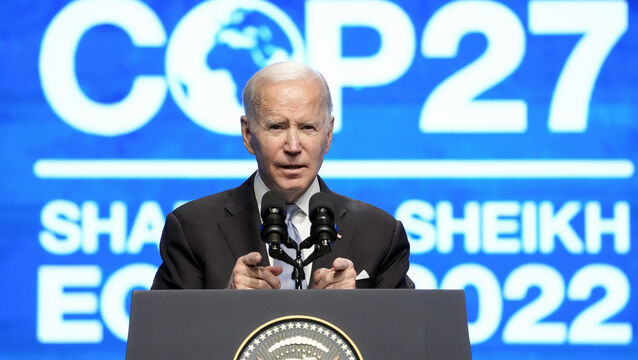 <p>President Joe Biden speaks at the Cop27 UN Climate Summit in Egypt. Picture: AP Photo/Alex Brandon</p>