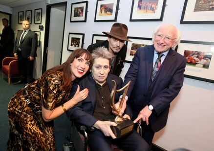 A poet of modern music and one of the great international songwriters Shane MacGowan pictured backstage at the National Concert Hall on the occasion of his 60th birthday with President Michael D Higgins, Johnny Depp and Victoria Mary Clarke. Picture: Mark Stedman