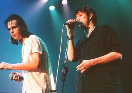 Nick Cave And The Bad Seeds performing on stage with Shane MacGowan in London in 1992. Picture: Ian Dickson/Redferns