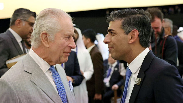 <p>Britain's King Charles speaks with British Prime Minister Rishi Sunak as they attend the opening ceremony of the World Climate Action Summit at Cop28 in Dubai.</p>