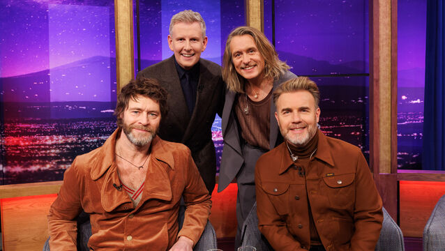 <p>Take That are pictured on The Late Late Show with host Patrick Kielty. Picture: Andres Poveda</p>